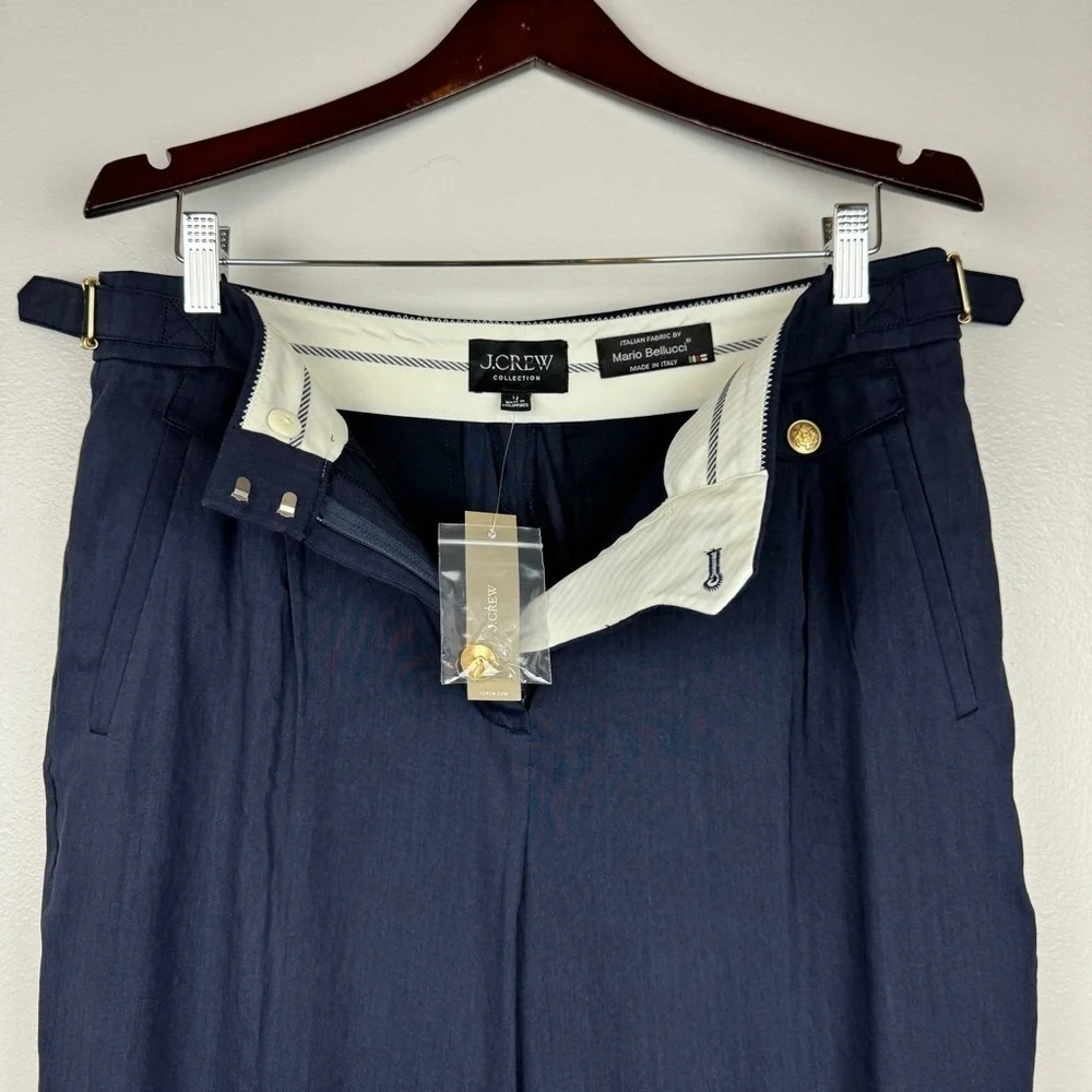 J. Crew Collection Side Tab Trouser Italian Linen Blend Navy Size 12/L NWT